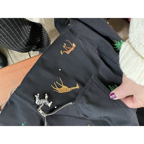 Quacker Factory Jacket Black Embroidered Jungle Animals Palm Trees Zip Up Casual - Picture 15 of 15
